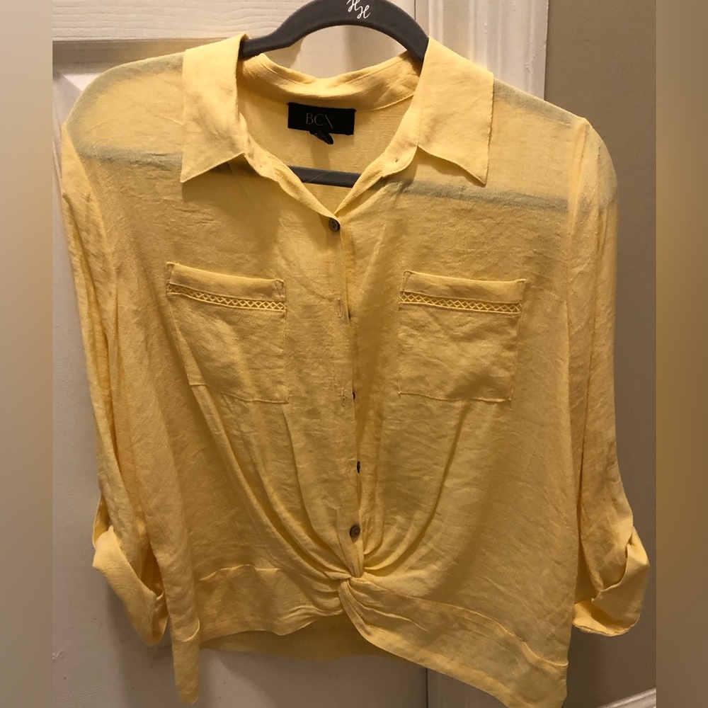 BCX gorgeous bright yellow women’s top with twist tie detailed front
